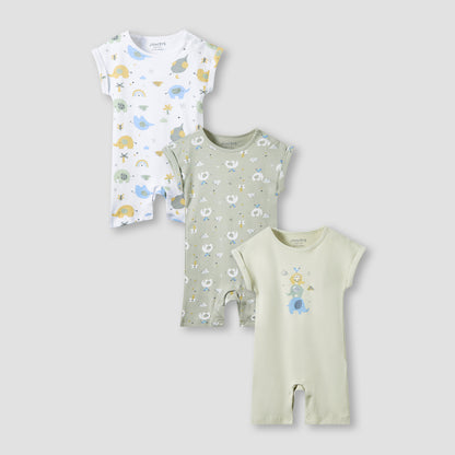 Juniors Crew Neck Romper with Print - Cotton - Short Sleeves - Set of 3 - Multicolour / 12-18 mths