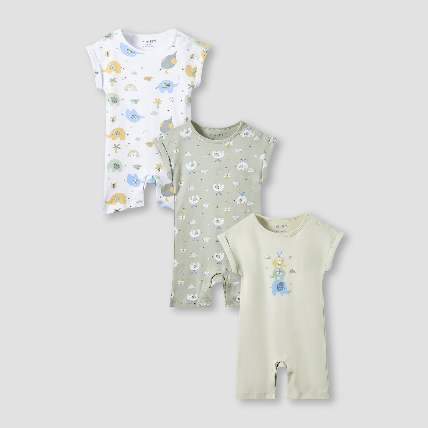 Juniors Crew Neck Romper with Print - Cotton - Short Sleeves - Set of 3