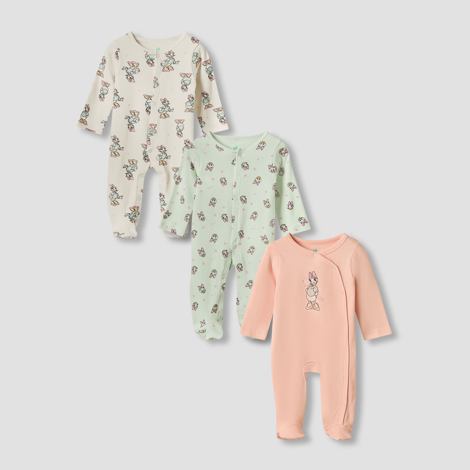 Disney Round Neck Sleepsuit with Closed Feet - Cotton - Long Sleeves - Set of 3 - Multicolour / 12-18 mths