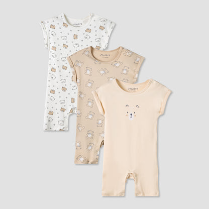 Juniors Crew Neck Romper with Print - Cotton - Short Sleeves - Set of 3