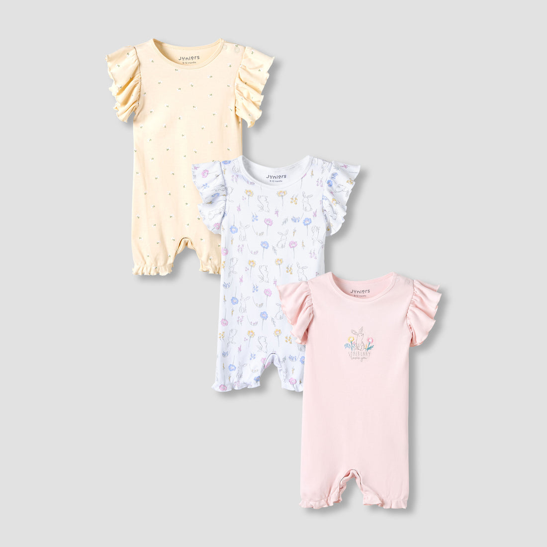 Juniors Crew Neck Romper with Print - Cotton - Short Sleeves - Set of 3 - Multicolour / 12-18 mths