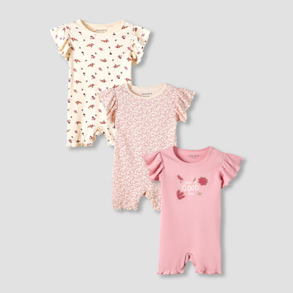 Juniors Crew Neck Romper with Snap Button Closure - Cotton - Cap Sleeves - Set of 3 - Multicolour / 12-18 mths