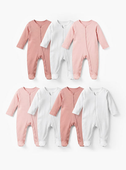 Juniors Solid Closed Feet Sleepsuit with Long Sleeves - Set of 7-baby-girls-clothing-nightwear-sleepsuits-image-1