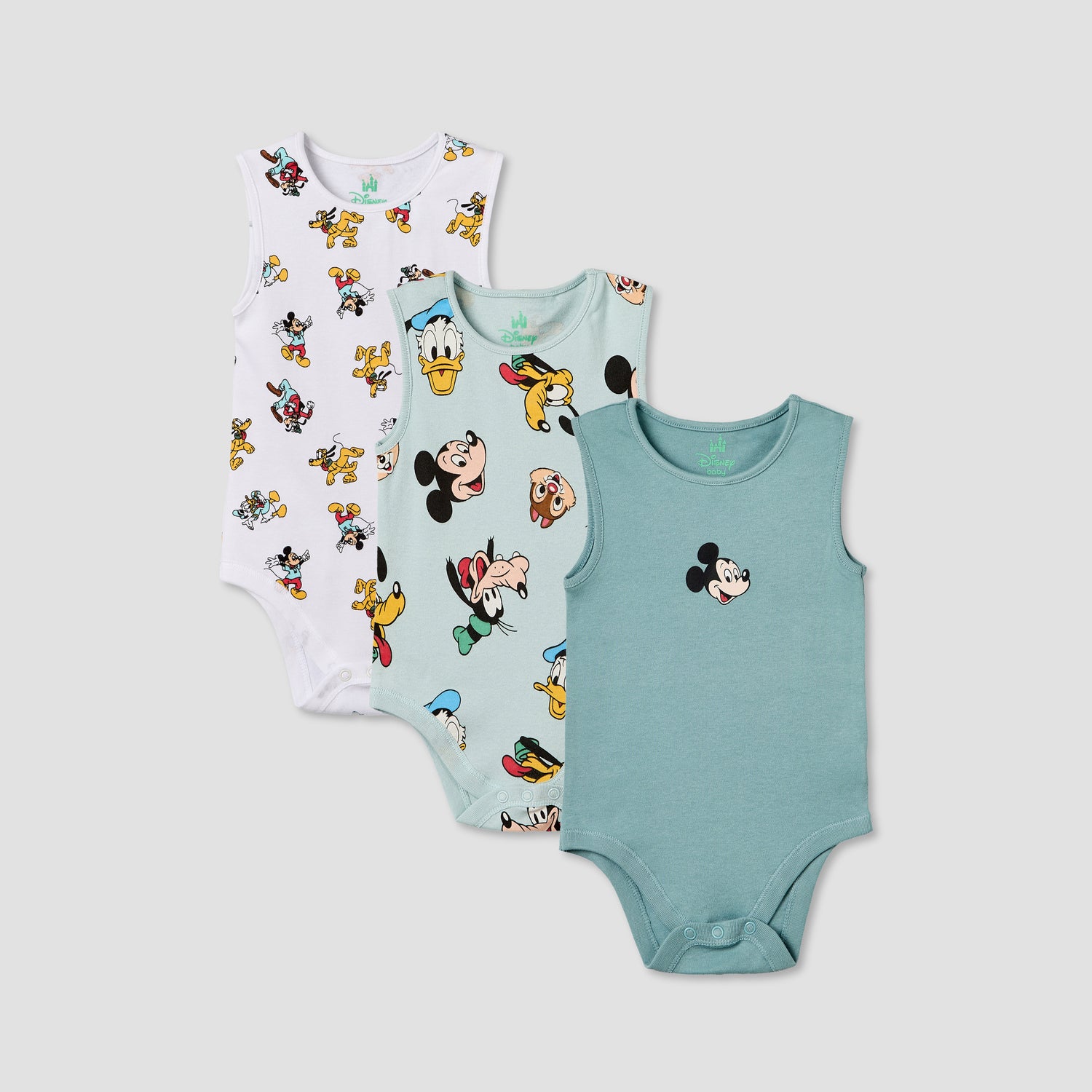 Pack of 3 Disney Crew Neck Sleeveless Bodysuit with Mickey Mouse and Friends Print - Blue / 12-18 mths