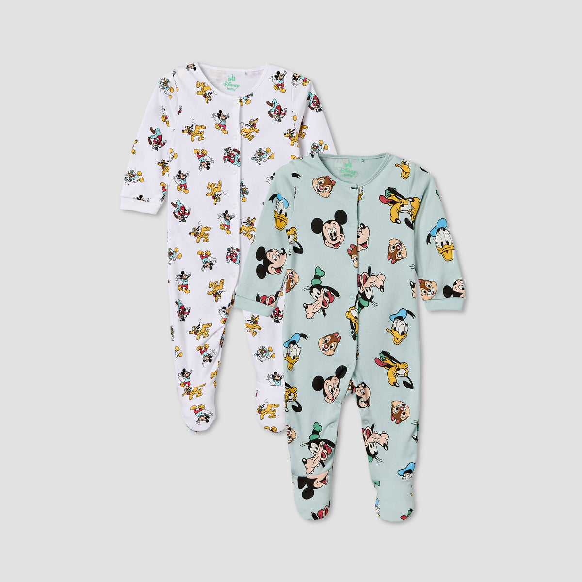 Pack of 2 Disney Cotton Crew Neck Long Sleeves Sleepsuit with Mickey Mouse and Friends Print