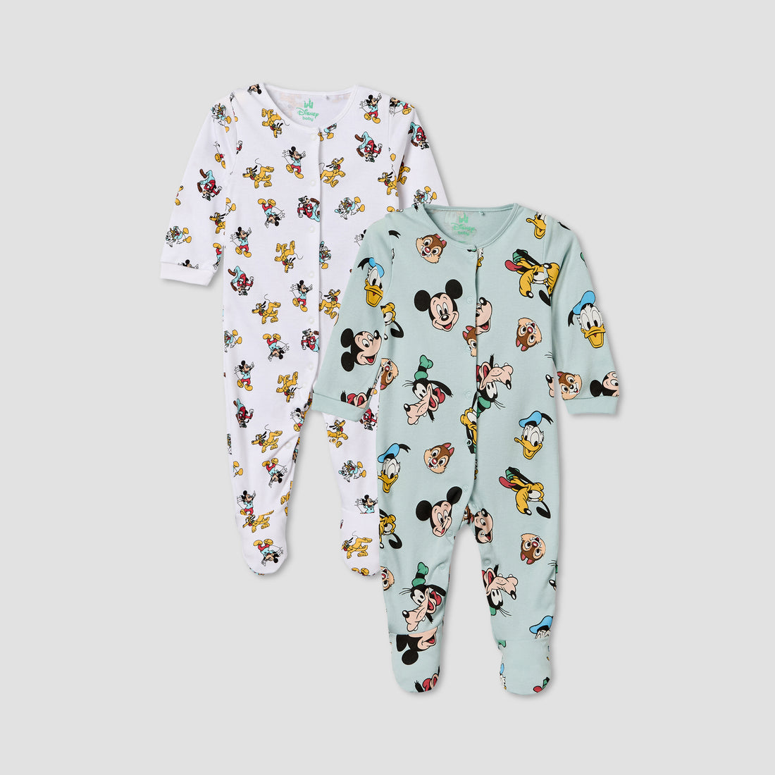Pack of 2 Disney Cotton Crew Neck Long Sleeves Sleepsuit with Mickey Mouse and Friends Print - Multicolour / 9-12 mths