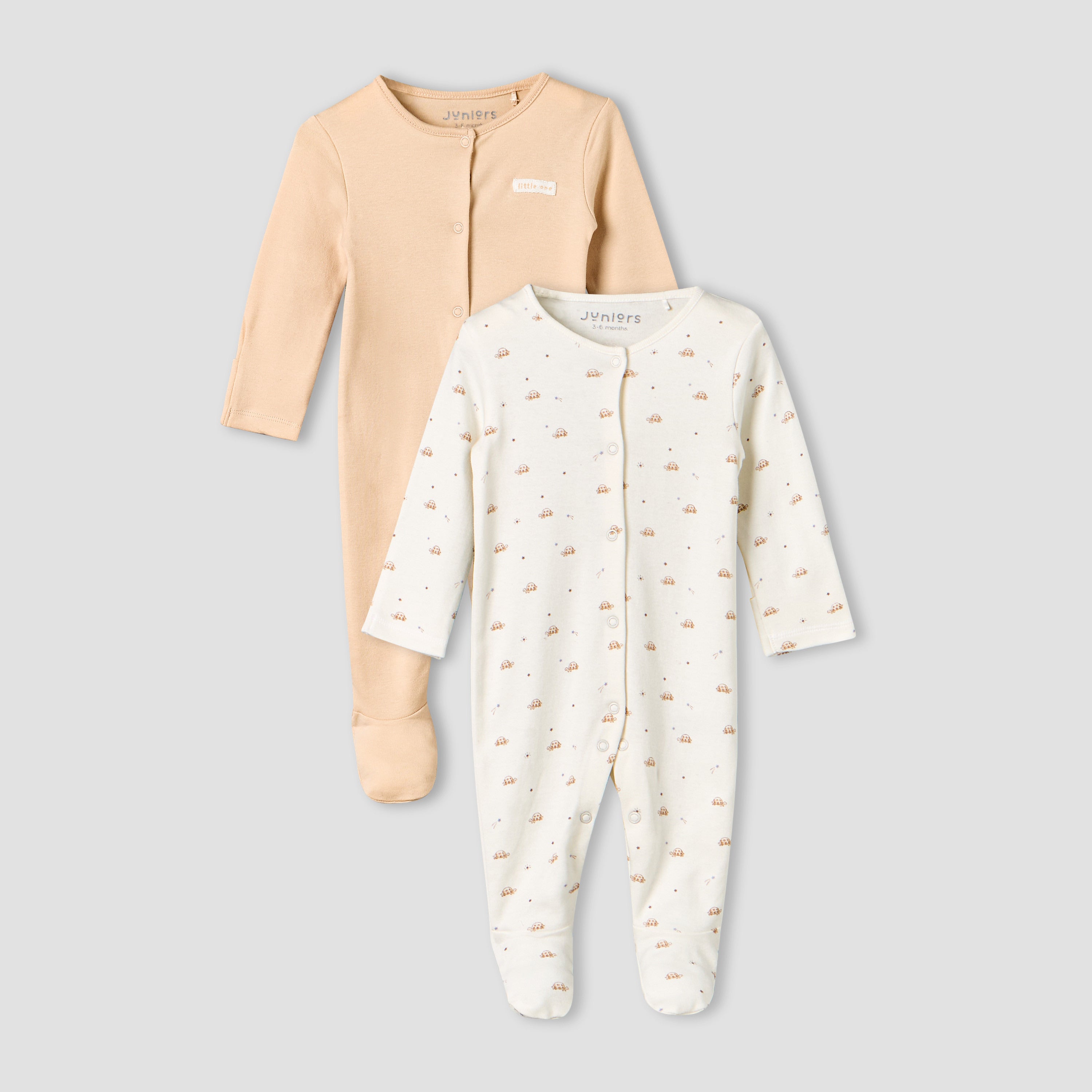 Pack of 2 Juniors Cotton Long Sleeves Sleepsuit with Closed Feet Design - Orange / 3-6 mths