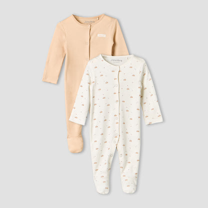 Pack of 2 Juniors Cotton Long Sleeves Sleepsuit with Closed Feet Design - Orange / 3-6 mths