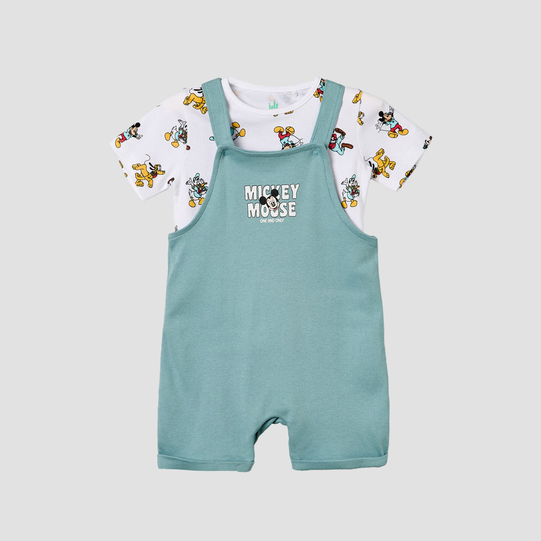 Disney Crew Neck Short Sleeves T-shirt and Dungaree Set with Mickey Mouse and Friends Print - Blue / 12-18 mths