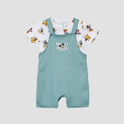 Disney Crew Neck Short Sleeves T-shirt and Dungaree Set with Mickey Mouse and Friends Print - Blue / 12-18 mths