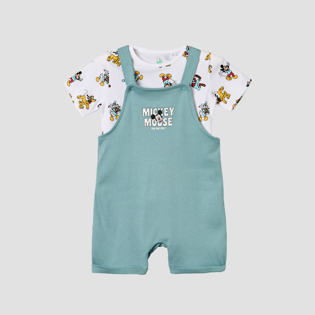 Disney Crew Neck Short Sleeves T-shirt and Dungaree Set with Mickey Mouse and Friends Print