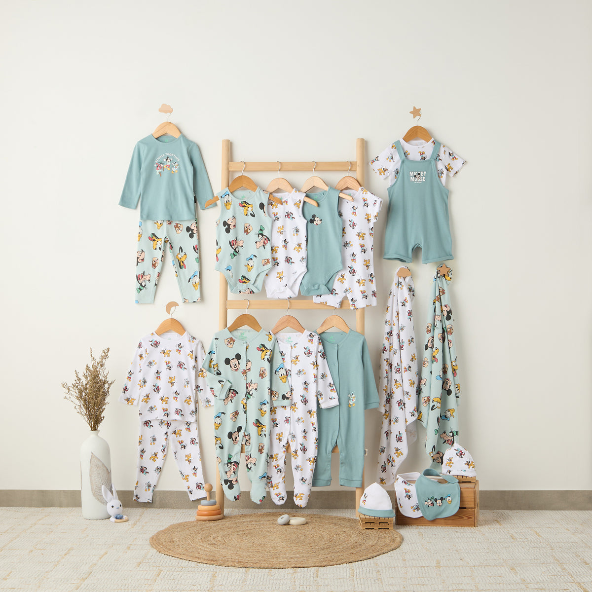 Disney Crew Neck Short Sleeves T-shirt and Dungaree Set with Mickey Mouse and Friends Print
