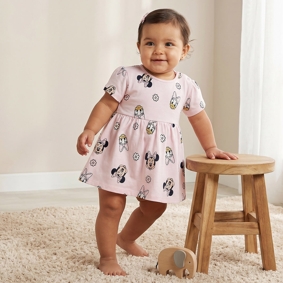 Pack of 2 Disney Round Neck Knee Length A-line Dress with Minnie Mouse Print