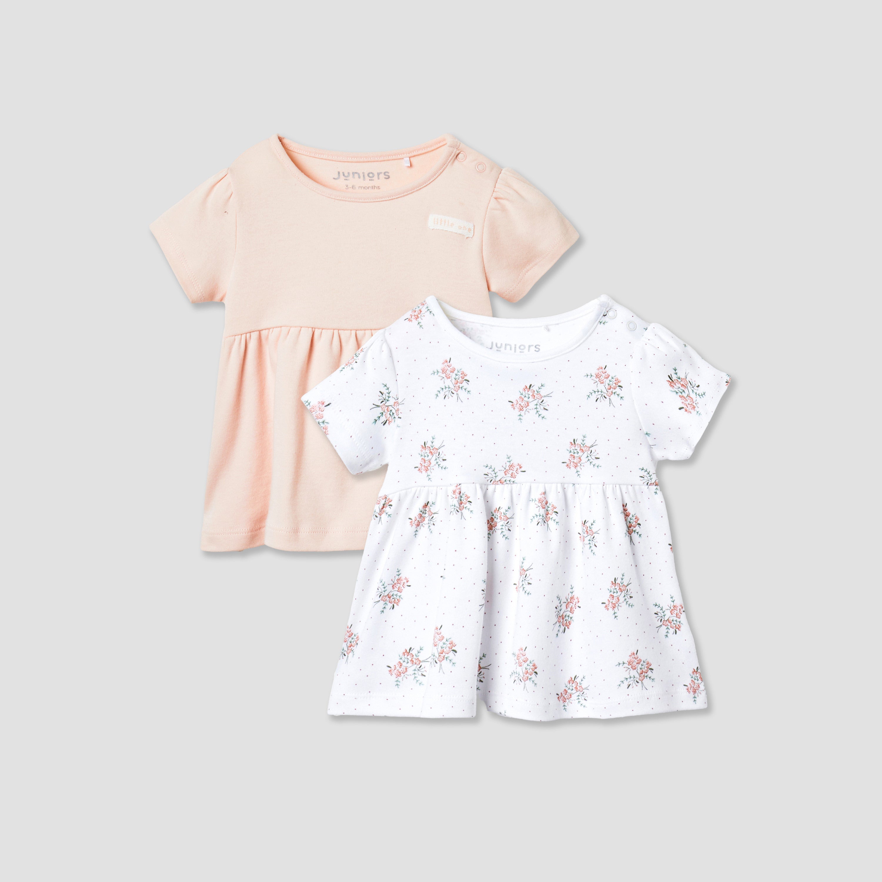 Juniors Assorted A-line Dress with Round Neck and Short Sleeves - Set of 2 - Multicolour / 0-3 mths