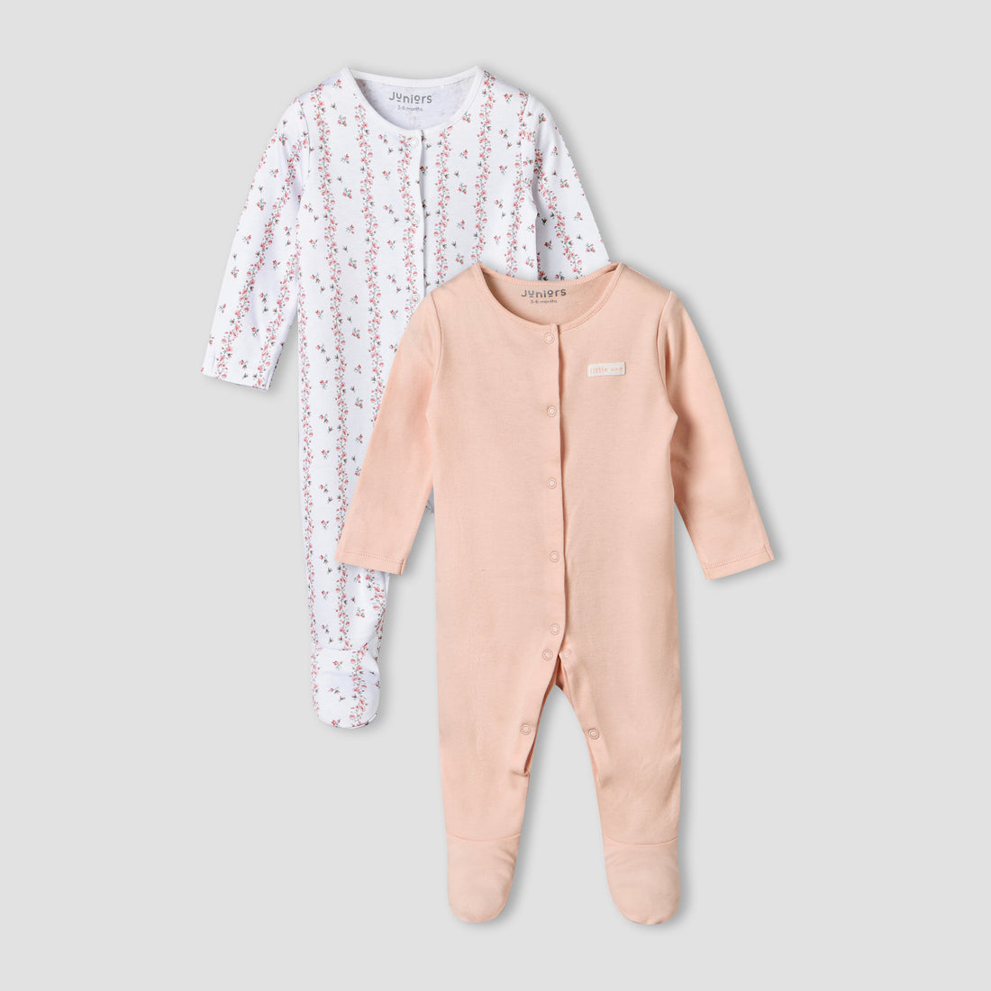 Pack of 2 Juniors Cotton Long Sleeves Sleepsuit with Assorted Design - Multicolour / 3-6 mths