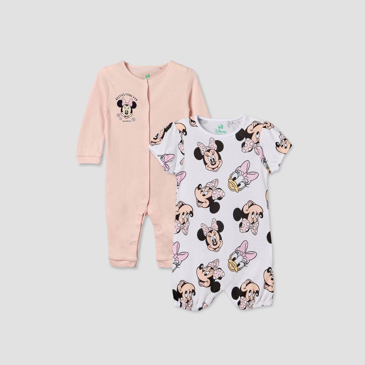 Set of 2 Disney Cotton Round Neck Sleepsuit with Romper - Pink / 12-18 mths