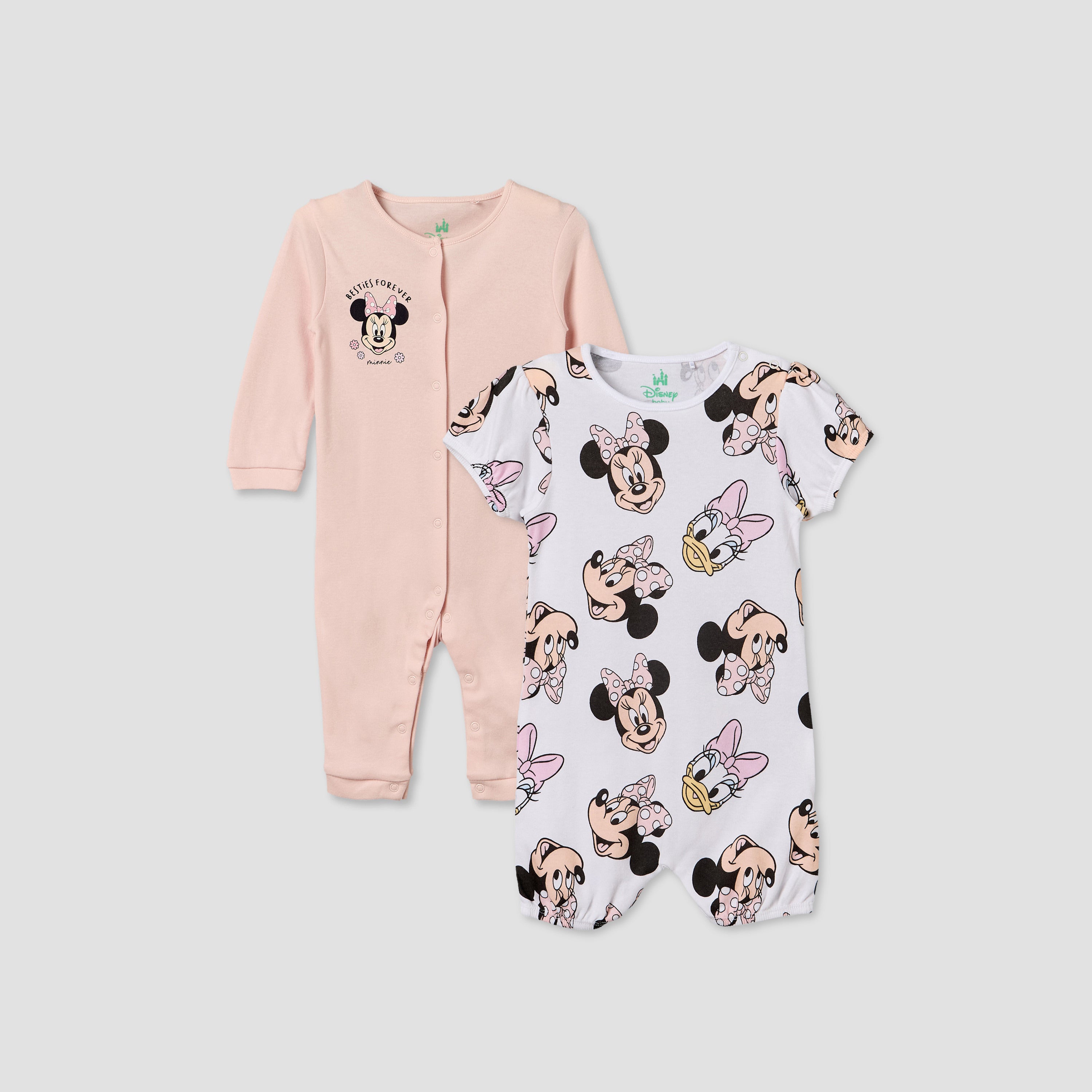 Set of 2 Disney Cotton Round Neck Sleepsuit with Romper - Pink / 12-18 mths