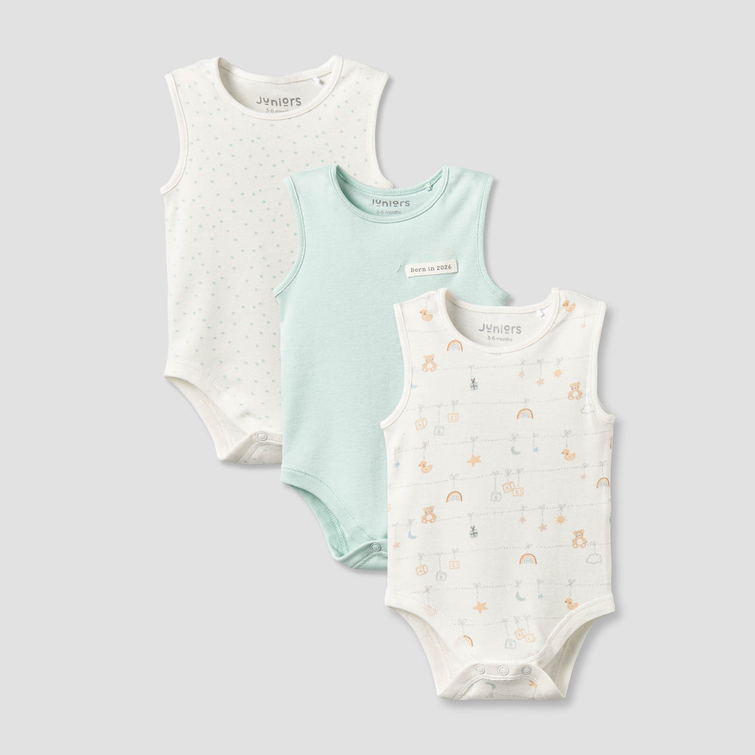 Pack of 3 Juniors Round Neck Sleeveless Bodysuit with Snap Button Closure - Multicolour / 0-3 mths