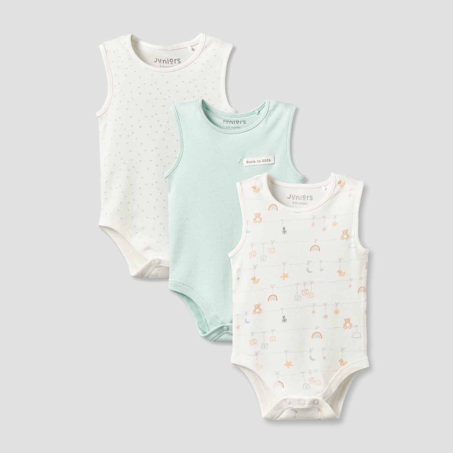 Pack of 3 Juniors Round Neck Sleeveless Bodysuit with Snap Button Closure - Multicolour / 0-3 mths