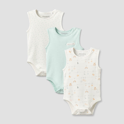 Pack of 3 Juniors Round Neck Sleeveless Bodysuit with Snap Button Closure - Multicolour / 0-3 mths