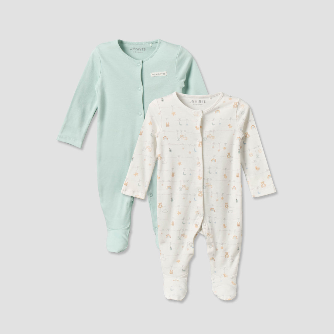 Pack of 2 Juniors Cotton Round Neck Long Sleeves Sleepsuit with Snap Button Closure - Multicolour / 3-6 mths