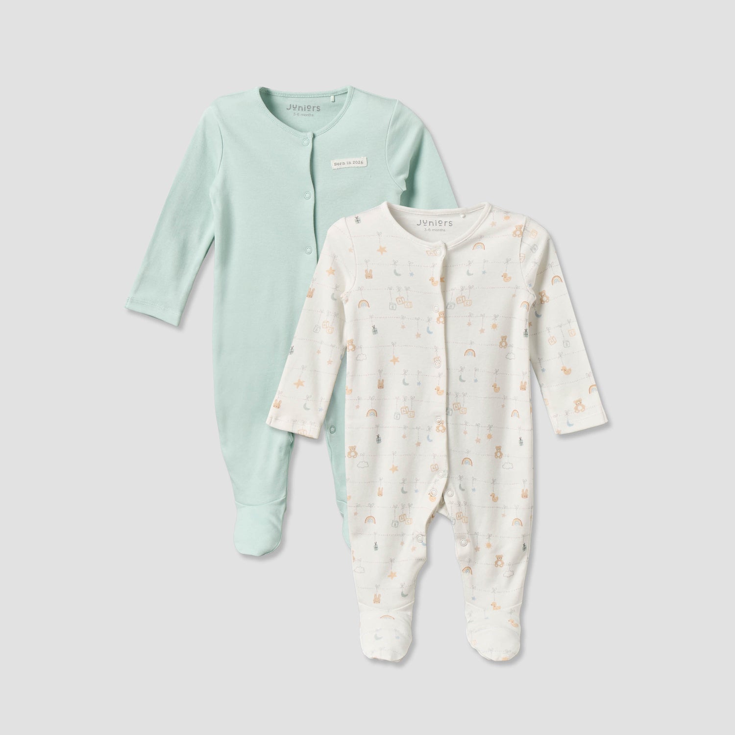Pack of 2 Juniors Cotton Round Neck Long Sleeves Sleepsuit with Snap Button Closure - Multicolour / 3-6 mths