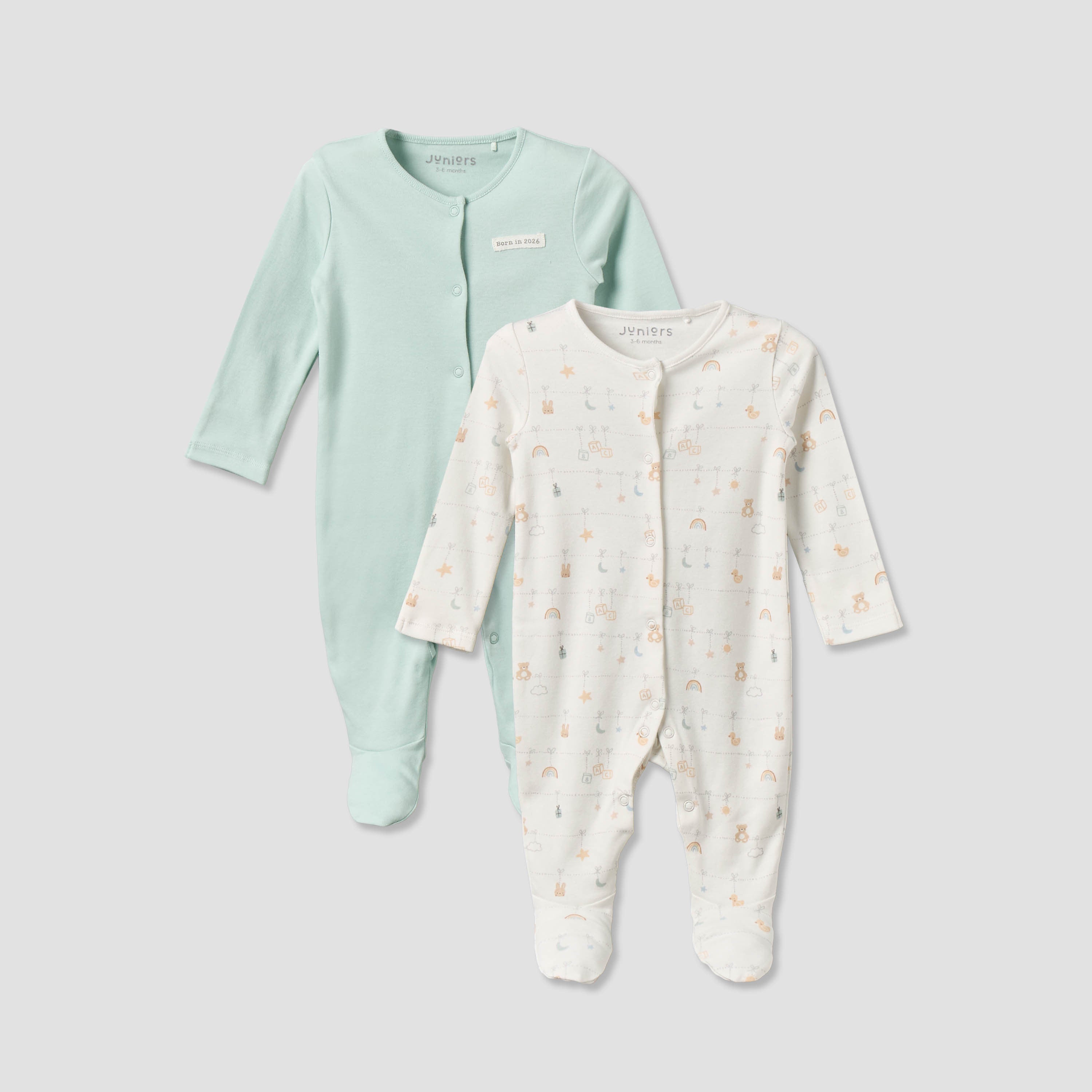 Pack of 2 Juniors Cotton Round Neck Long Sleeves Sleepsuit with Snap Button Closure - Multicolour / 3-6 mths