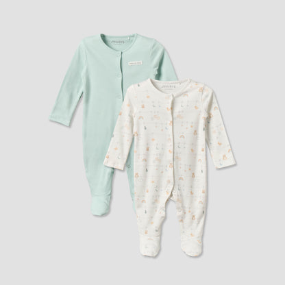 Pack of 2 Juniors Cotton Round Neck Long Sleeves Sleepsuit with Snap Button Closure - Multicolour / 3-6 mths