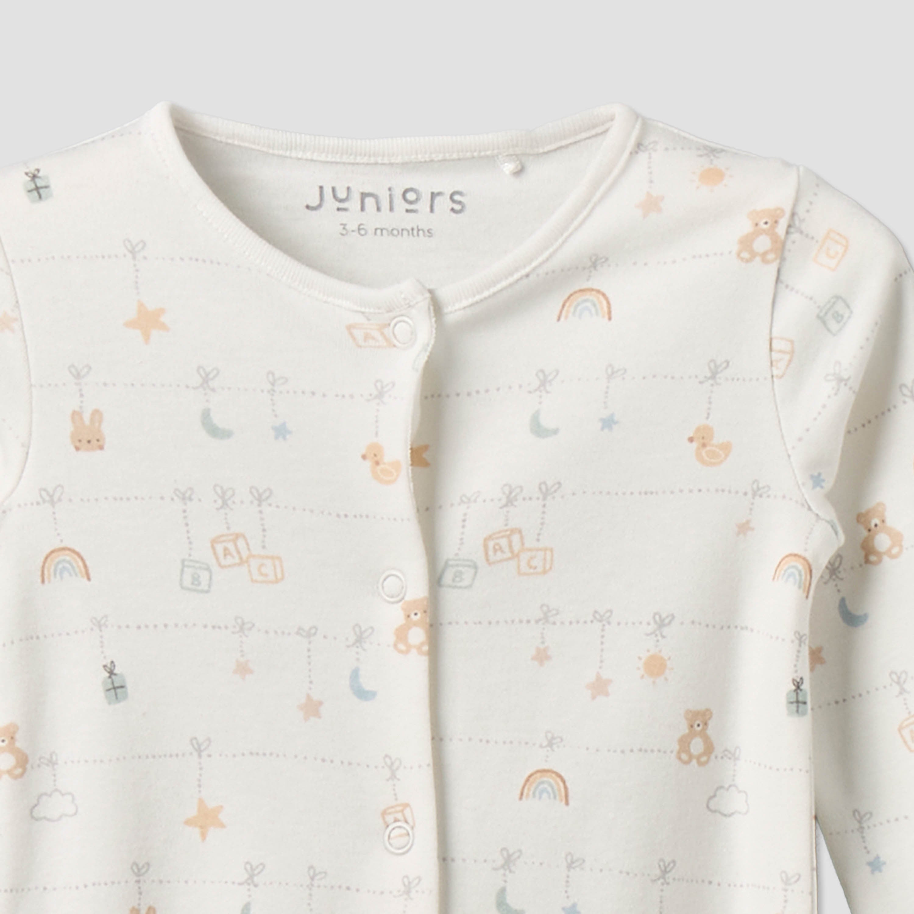 Pack of 2 Juniors Cotton Round Neck Long Sleeves Sleepsuit with Snap Button Closure