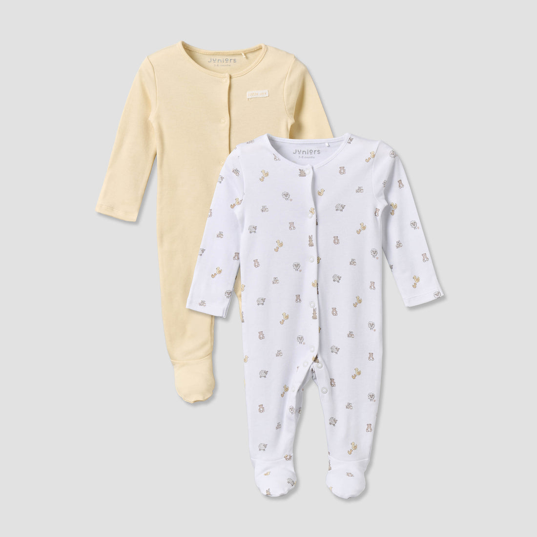 Pack of 2 Juniors Cotton Round Neck Long Sleeves Sleepsuit with Snap Button Closure - Multicolour / 3-6 mths