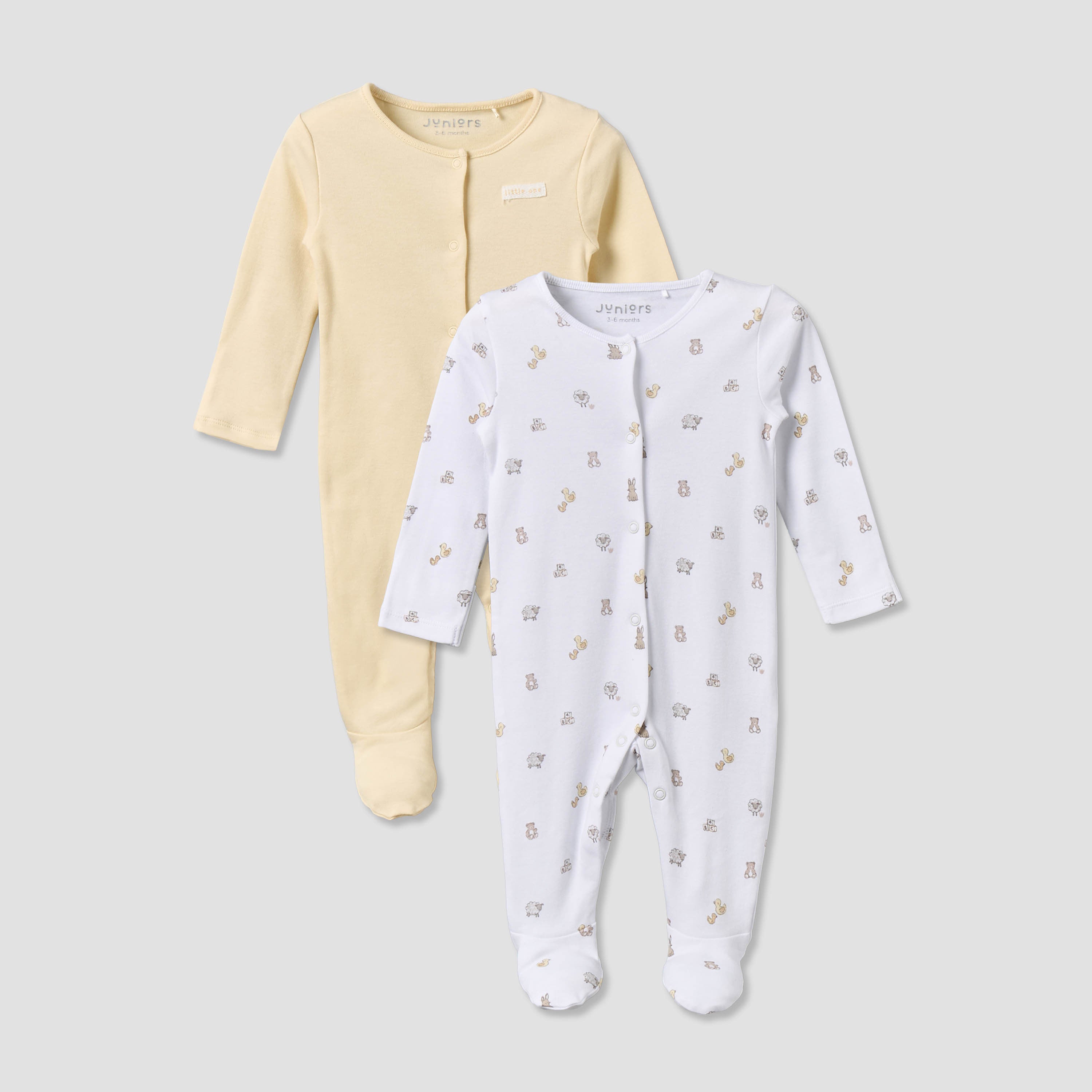 Pack of 2 Juniors Cotton Round Neck Long Sleeves Sleepsuit with Snap Button Closure - Multicolour / 3-6 mths