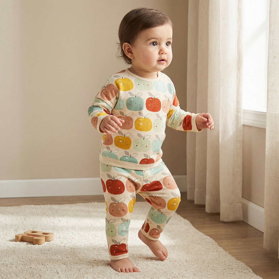 Juniors Cotton Round Neck Long Sleeves Pyjama Set with Apple Print