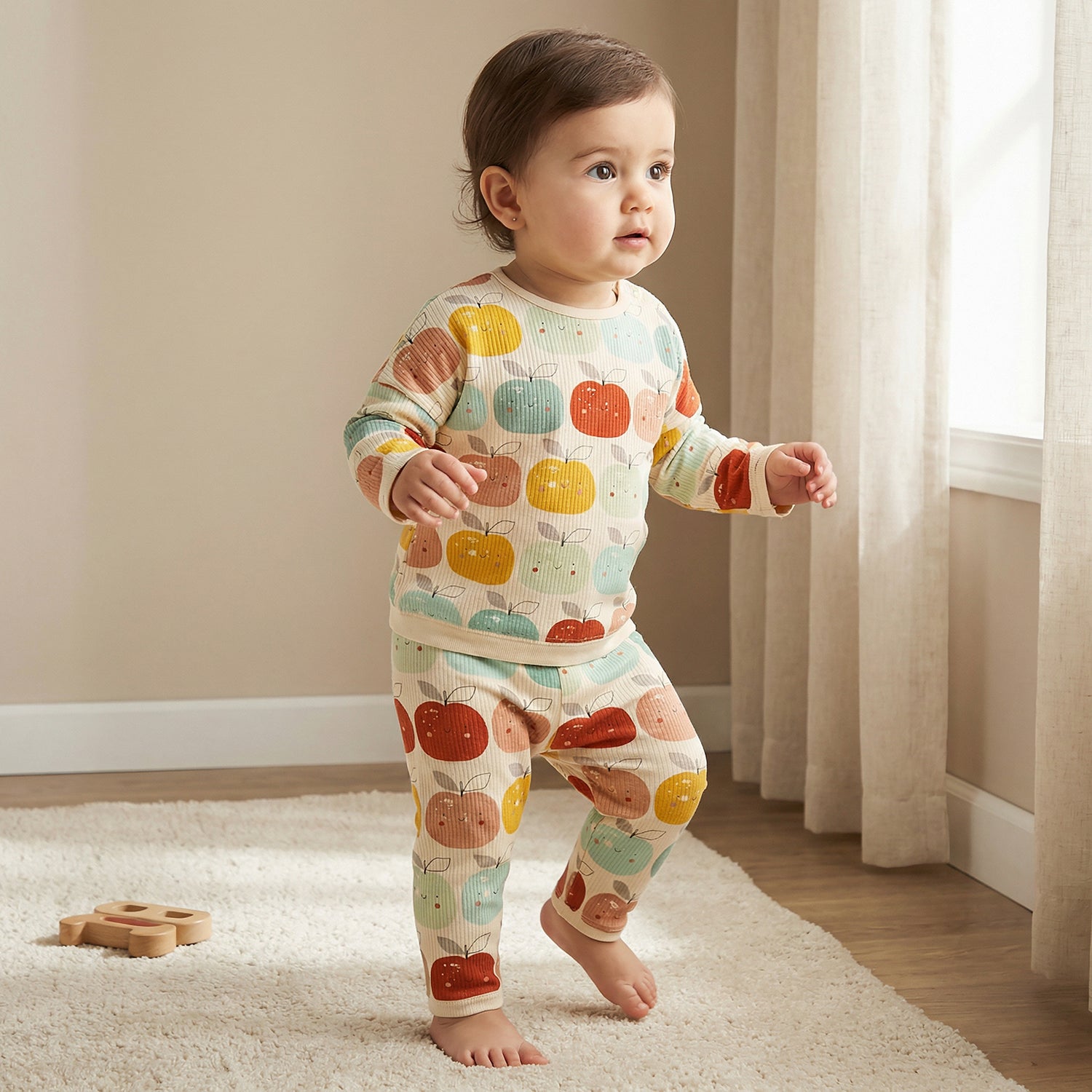 Juniors Cotton Round Neck Long Sleeves Pyjama Set with Apple Print