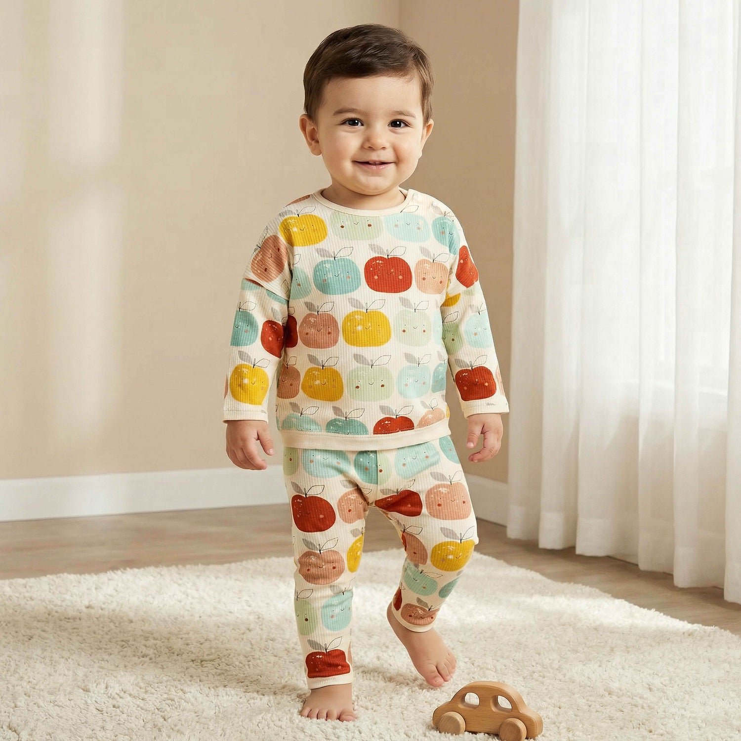 Juniors Cotton Round Neck Long Sleeves Pyjama Set with Apple Print