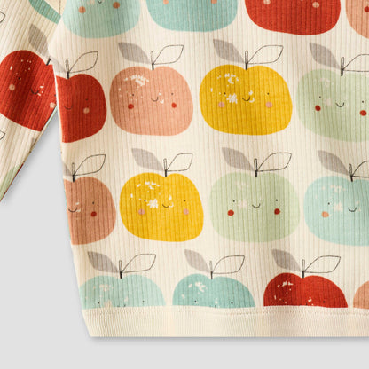 Juniors Cotton Round Neck Long Sleeves Pyjama Set with Apple Print