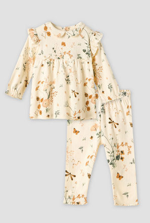 Juniors Cotton Collared Long Sleeves Pyjama Set with Floral Print