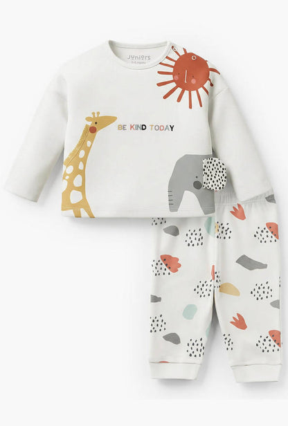 Juniors Cotton Round Neck Long Sleeves Pyjama Set with Safari Applique Detail