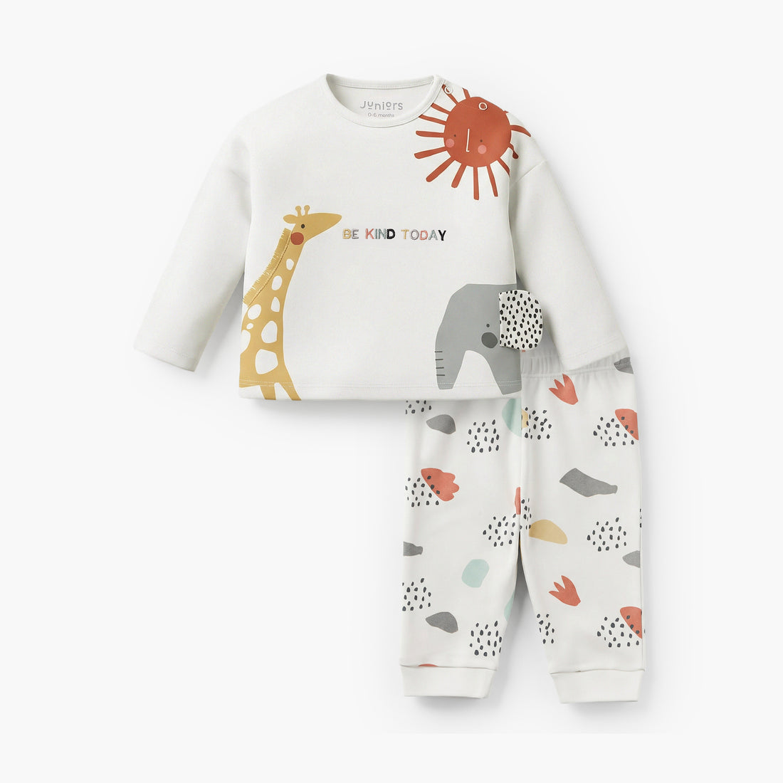 Juniors Cotton Round Neck Long Sleeves Pyjama Set with Safari Applique Detail - White / 12-18 mths