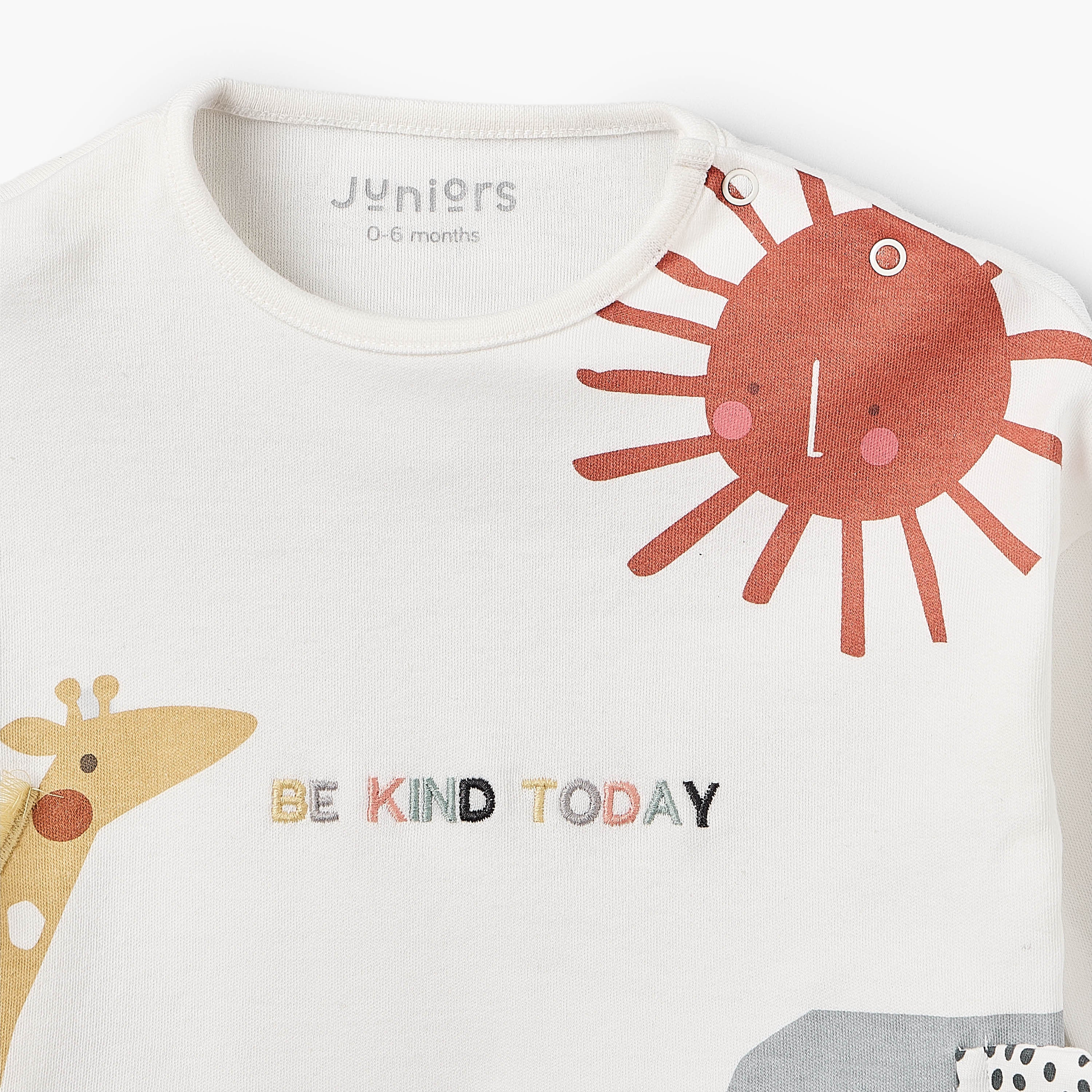 Juniors Cotton Round Neck Long Sleeves Pyjama Set with Safari Applique Detail