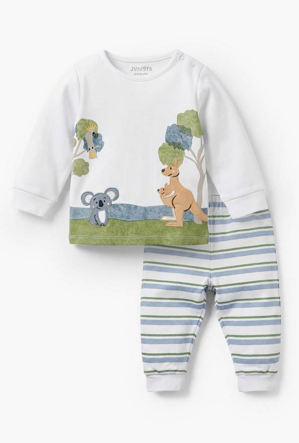 Juniors Cotton Round Neck Long Sleeves Pyjama Set with Safari Applique Detail