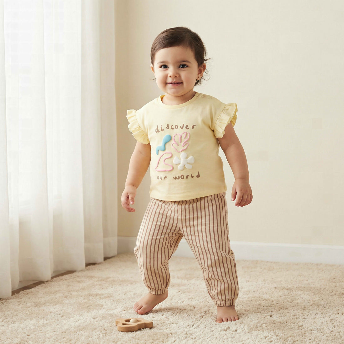 Juniors Cotton Round Neck Short Sleeves Pyjama Set with Stripes - Yellow / 18-24 mths