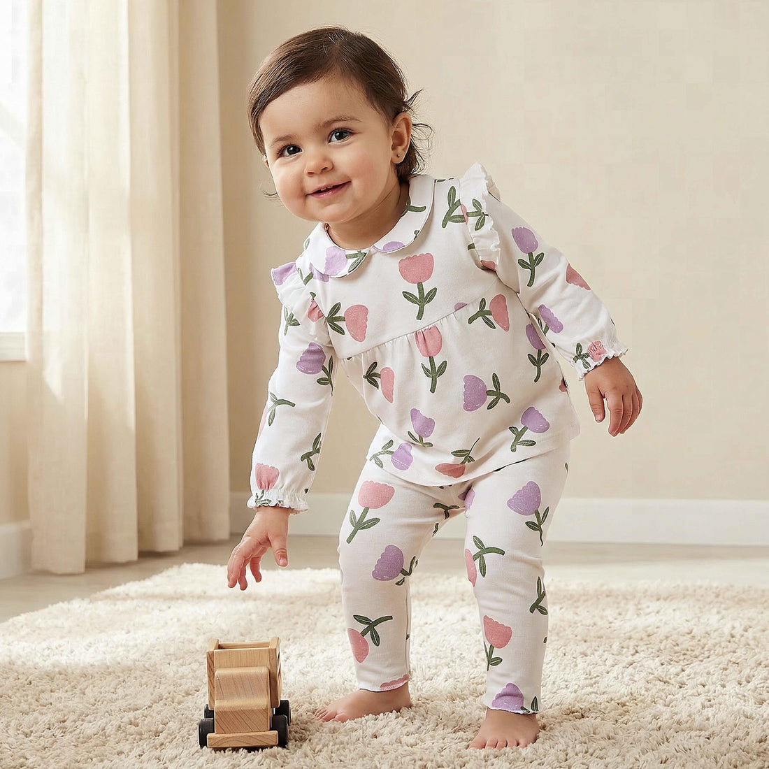 Juniors Cotton Peter Pan Collar Long Sleeves Pyjama Set with Floral Print - White / 18-24 mths