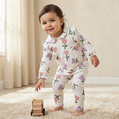 Juniors Cotton Peter Pan Collar Long Sleeves Pyjama Set with Floral Print - White / 18-24 mths