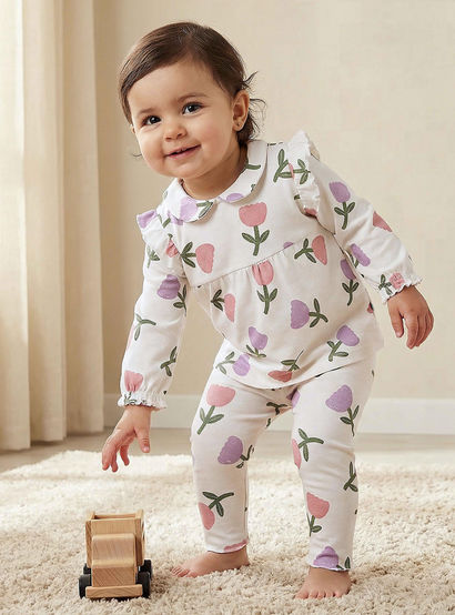 Juniors Cotton Peter Pan Collar Long Sleeves Pyjama Set with Floral Print-baby-girls-clothing-nightwear-pyjamasets-image-1