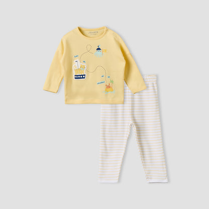 Juniors Cotton Crew Neck Long Sleeves Pyjama Set with Snap Button Closure - Yellow / 12-18 mths