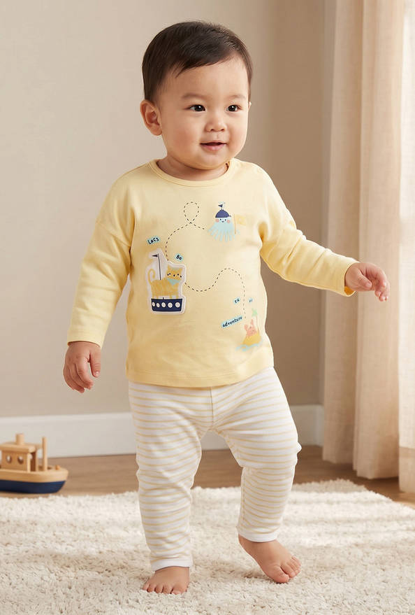 Juniors Cotton Crew Neck Long Sleeves Pyjama Set with Snap Button Closure