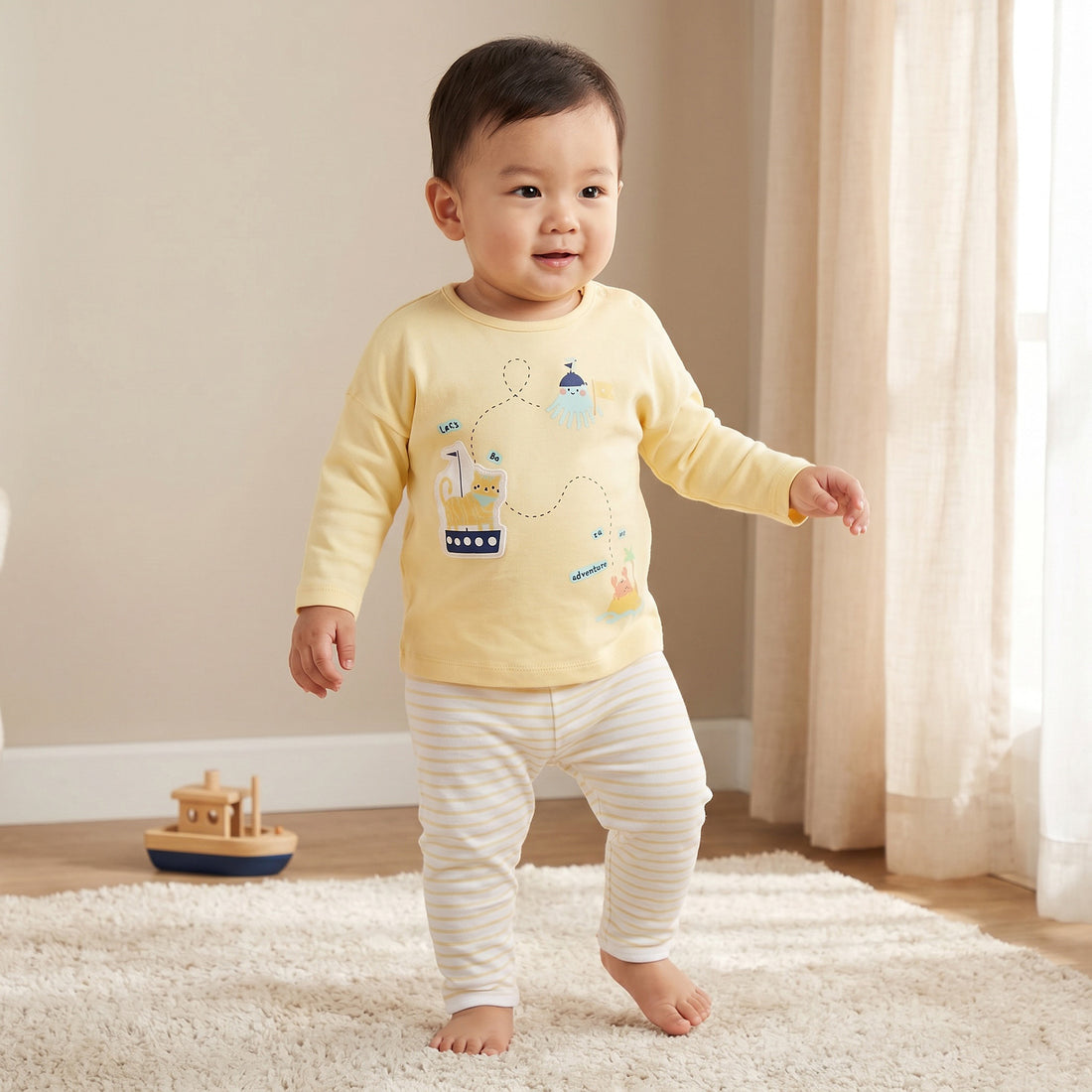 Juniors Cotton Crew Neck Long Sleeves Pyjama Set with Snap Button Closure - Yellow / 18-24 mths