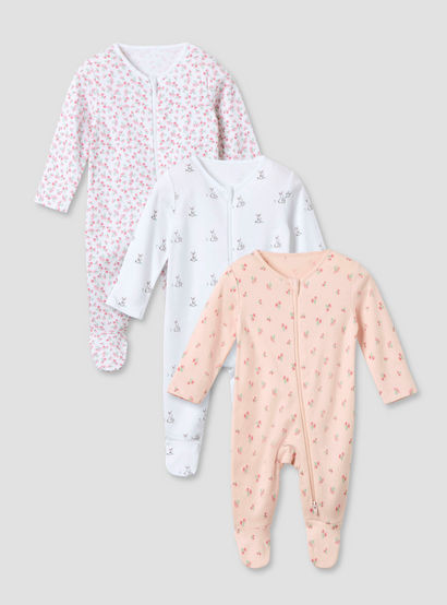 Juniors Printed Sleepsuit with Long Sleeves and Zip Closure - Set of 3-baby-girls-clothing-nightwear-sleepsuits-image-1