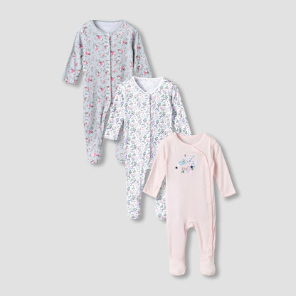 Pack of 3 Juniors Cotton Round Neck Long Sleeves Sleepsuit with Floral Print - Multicolour / 12-18 mths