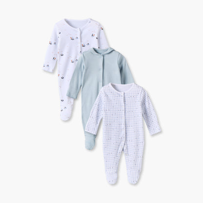 Pack of 3 Juniors Cotton Crew Neck Long Sleeves Sleepsuit Set with Nautical Print - Blue / 12-18 mths